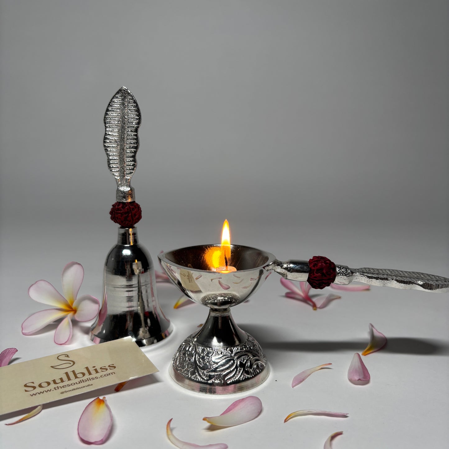 Rudraksh Silver Diya & Bell Set
