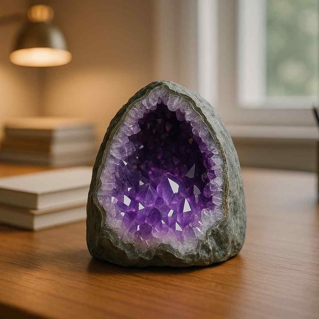 Amethyst geode on a wooden surface with a blurred background