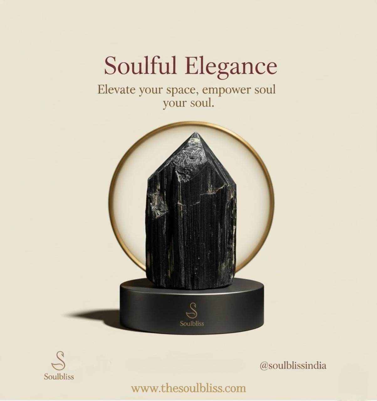 Black crystal on a stand with 'Soulful Elegance' text and branding on a beige background
