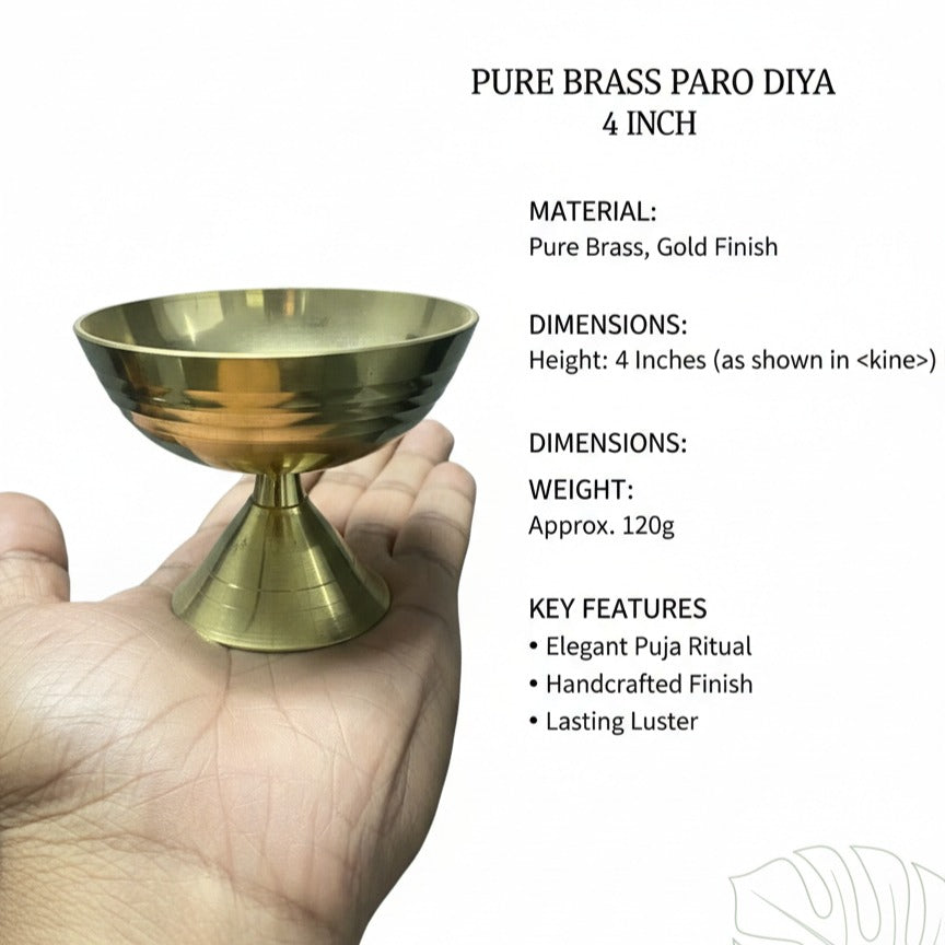 Pure brass Paro Diya held in a hand with product details on a white background