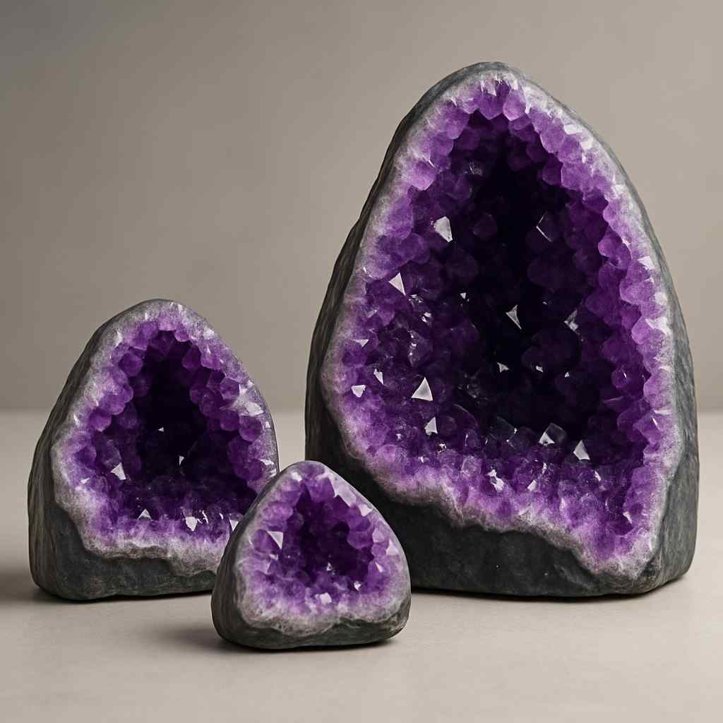 Three amethyst geodes on a neutral background
