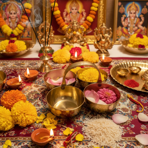 soulbliss pure brass chomukh katori with four attached bowls for puja