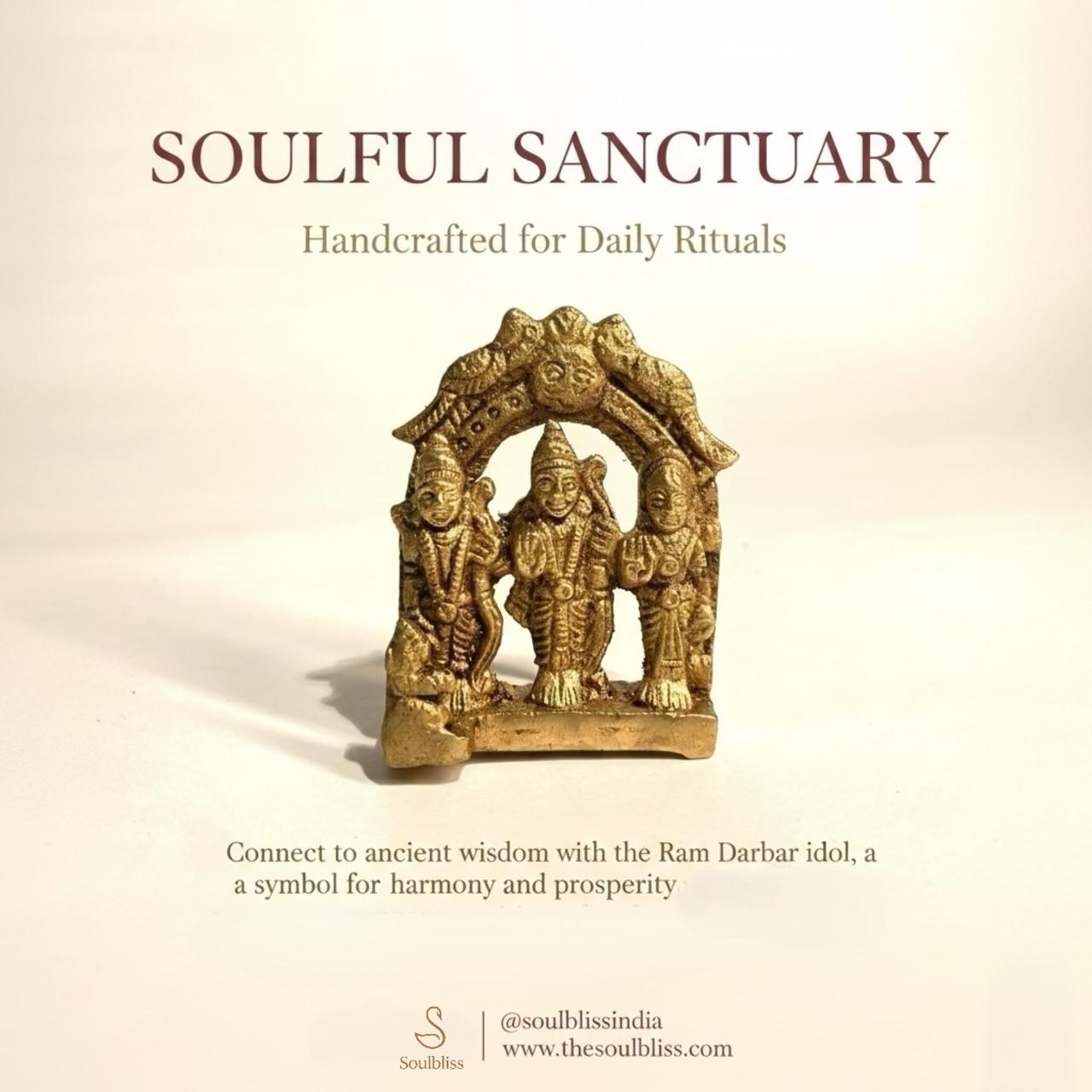 Gold-colored Ram Darbar idol on a beige background with promotional text.