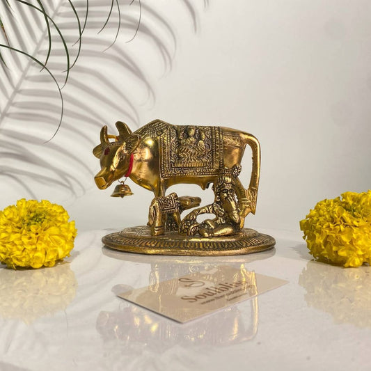 Sacred Kamdhenu cow with calf idol for prosperity and harmony