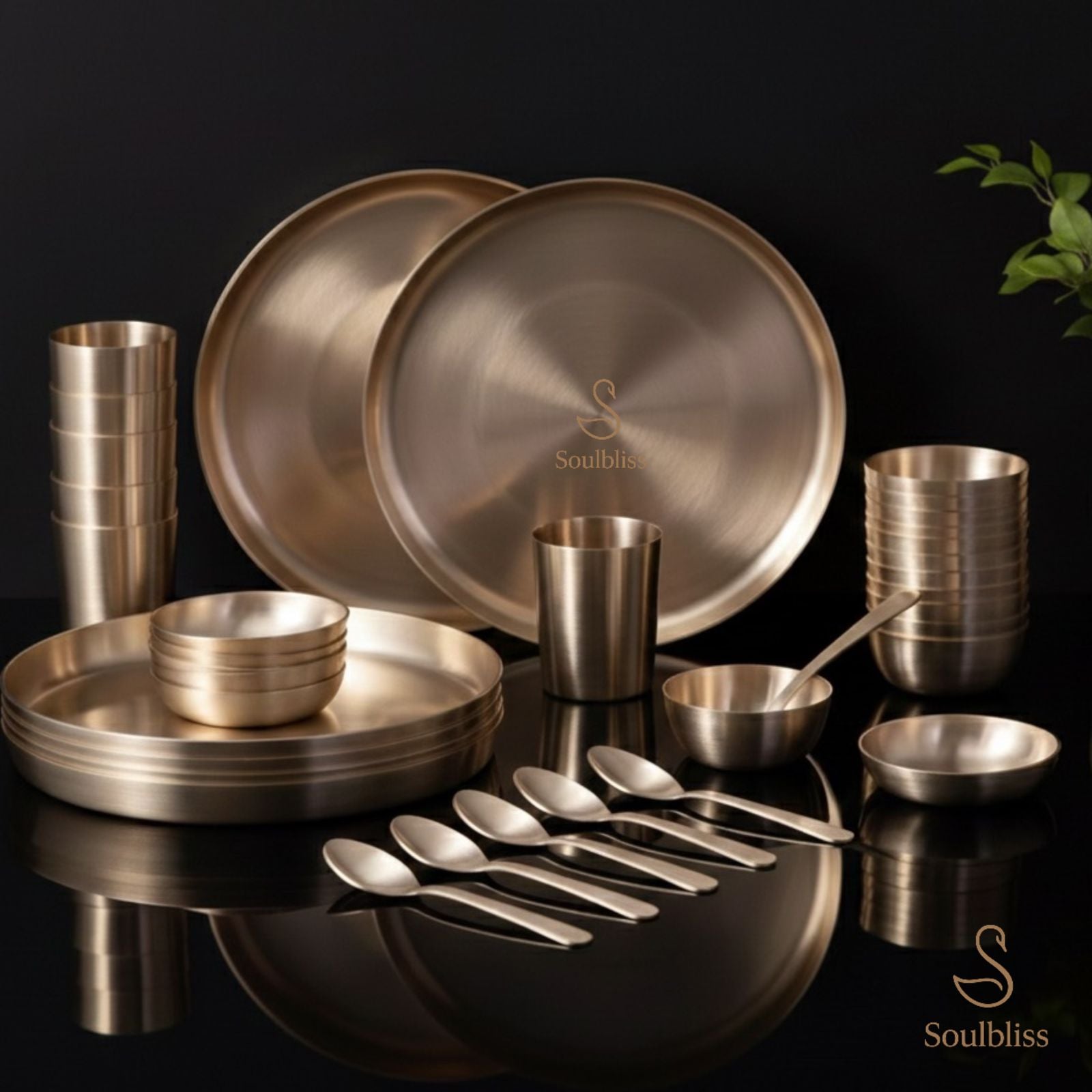 kansa Metallic dinnerware set with 'Soulbliss' branding on a dark background