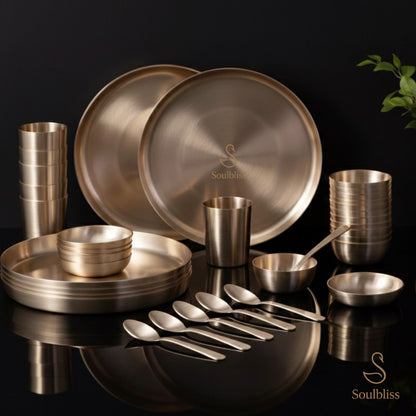 kansa Metallic dinnerware set with 'Soulbliss' branding on a dark background