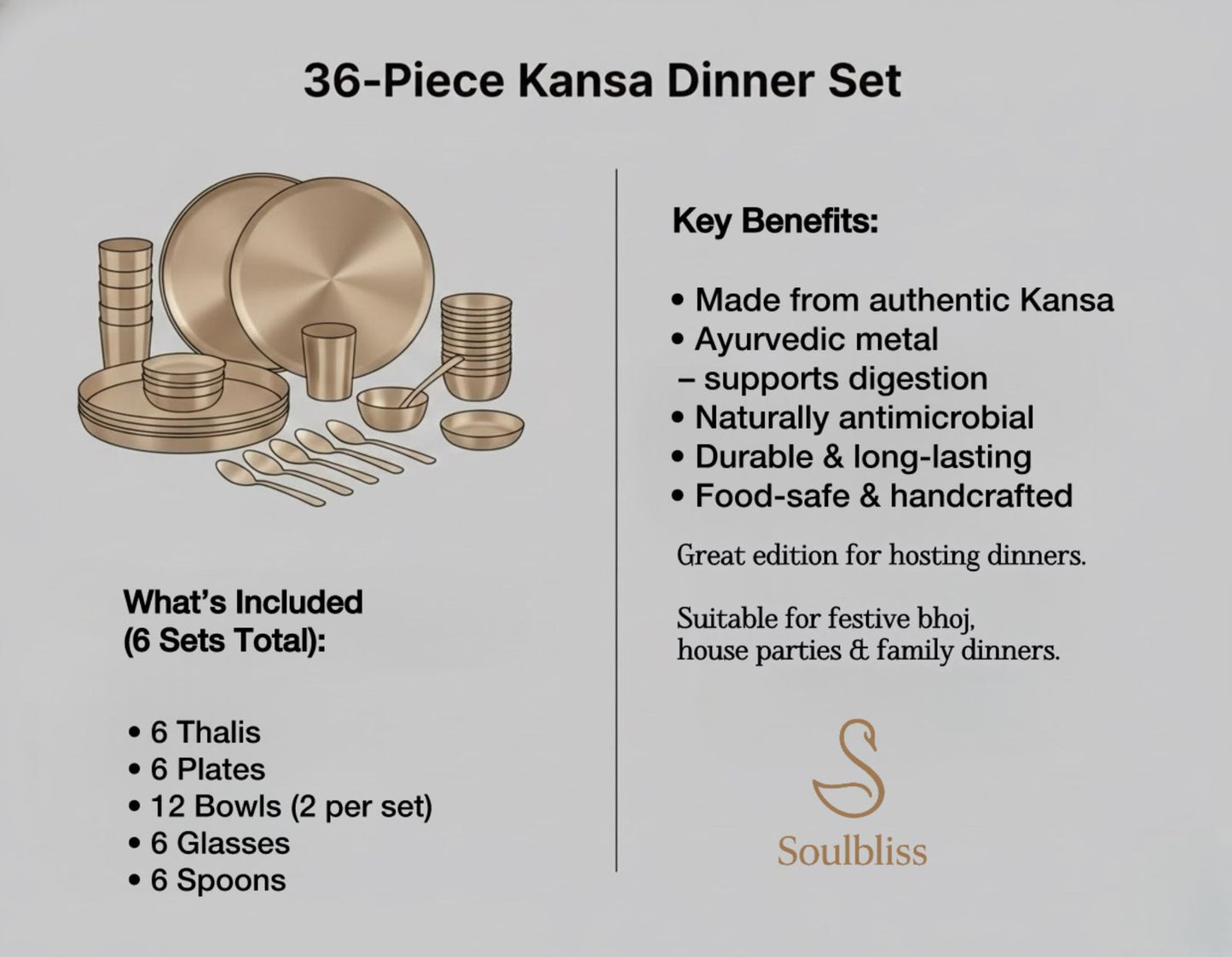 36-piece Kansa dinner set with key benefits and product details on a gray background