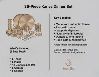 36-piece Kansa dinner set with key benefits and product details on a gray background