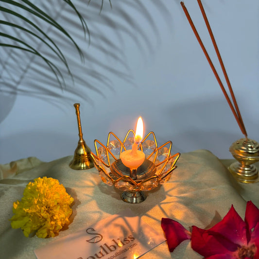 Soulbliss gold-plated crystal diya in Argenton silver for puja rituals