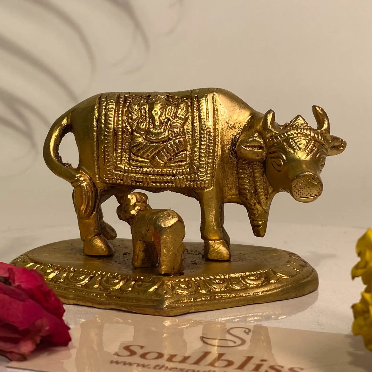 Soulbliss Brass Kamdhenu idol with calf for prosperity & vastu