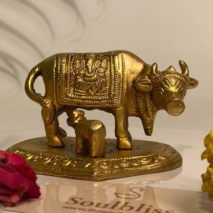 Soulbliss Brass Kamdhenu idol with calf for prosperity & vastu