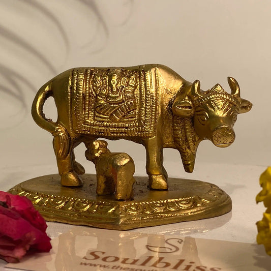 Soulbliss Brass Kamdhenu idol with calf for prosperity & vastu