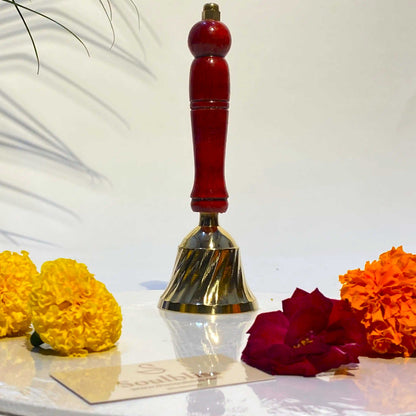 Gold-Plated Brass Puja Bell with Wooden Handle