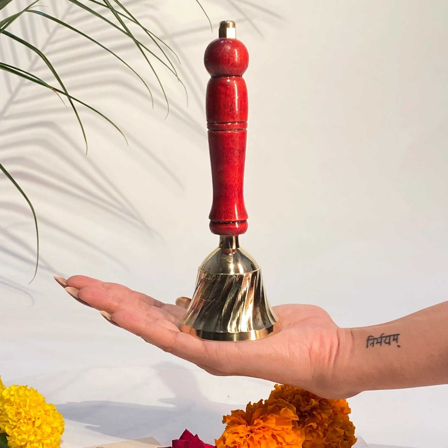Gold-Plated Brass Puja Bell with Wooden Handle