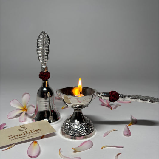 Rudraksh Silver Diya & Bell Set