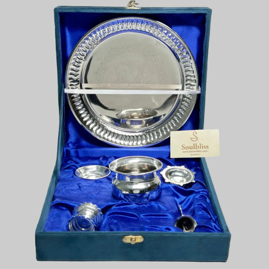 Soulbliss medium silver thali set of 6 with diya, bell, kalash and incense holder