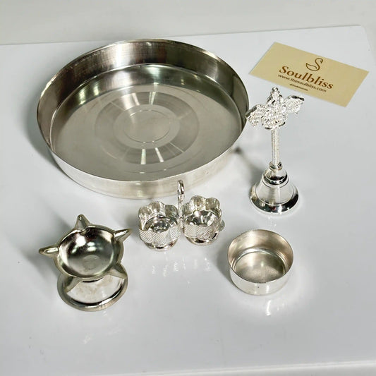 Soulbliss small silver puja thali set of 5 with diya, bell, bowl and kumkum holder