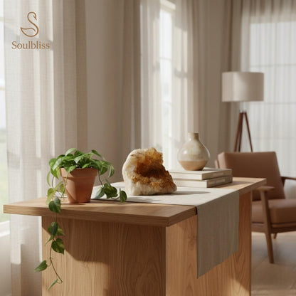 Wooden desk with decorative items in a bright room, featuring the brand 'Soulbliss'.