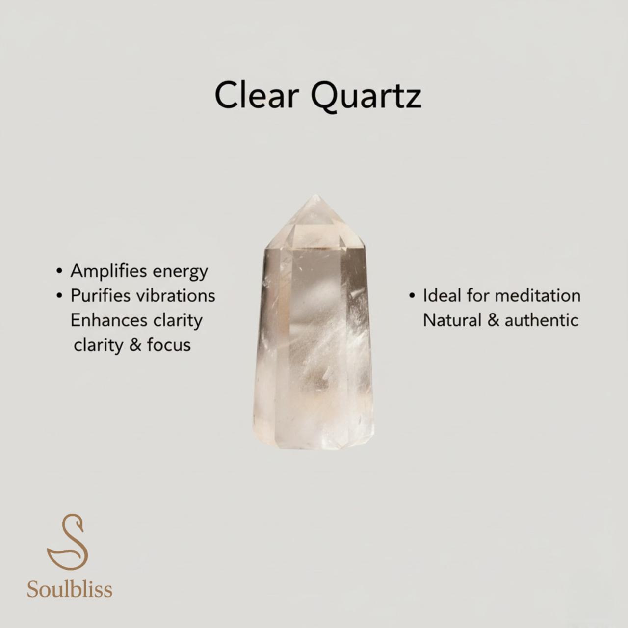 Clear quartz crystal with properties listed on a light gray background