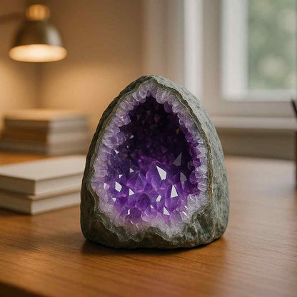 Amethyst geode on a wooden surface with a blurred background