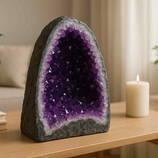 Amethyst geode on a wooden surface with a candle in the background