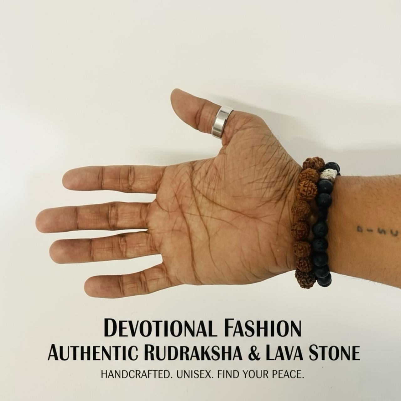 Hand wearing a Rudraksha and lava stone bracelet with text about devotional fashion.