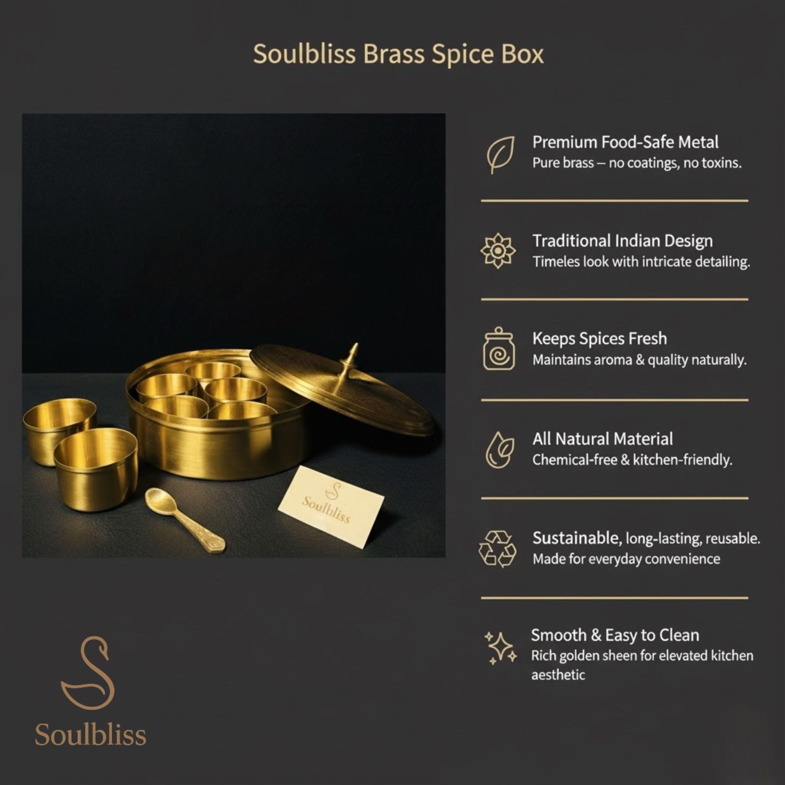 Brass spice box with features listed on a dark background
