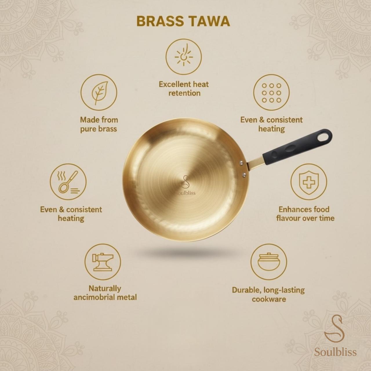 Brass tawa with features listed on a beige background