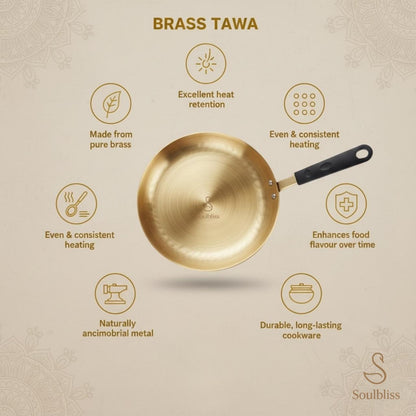 Brass tawa with features listed on a beige background