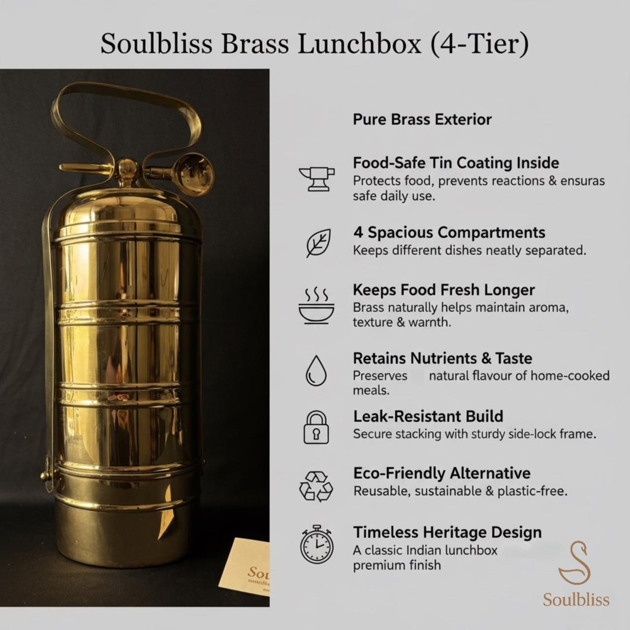 Gold four-tier brass lunchbox with features listed on the right