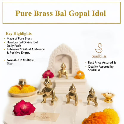 Pure Brass Bal Gopal Idol with decorative elements on a white background, featuring SoulBliss branding.