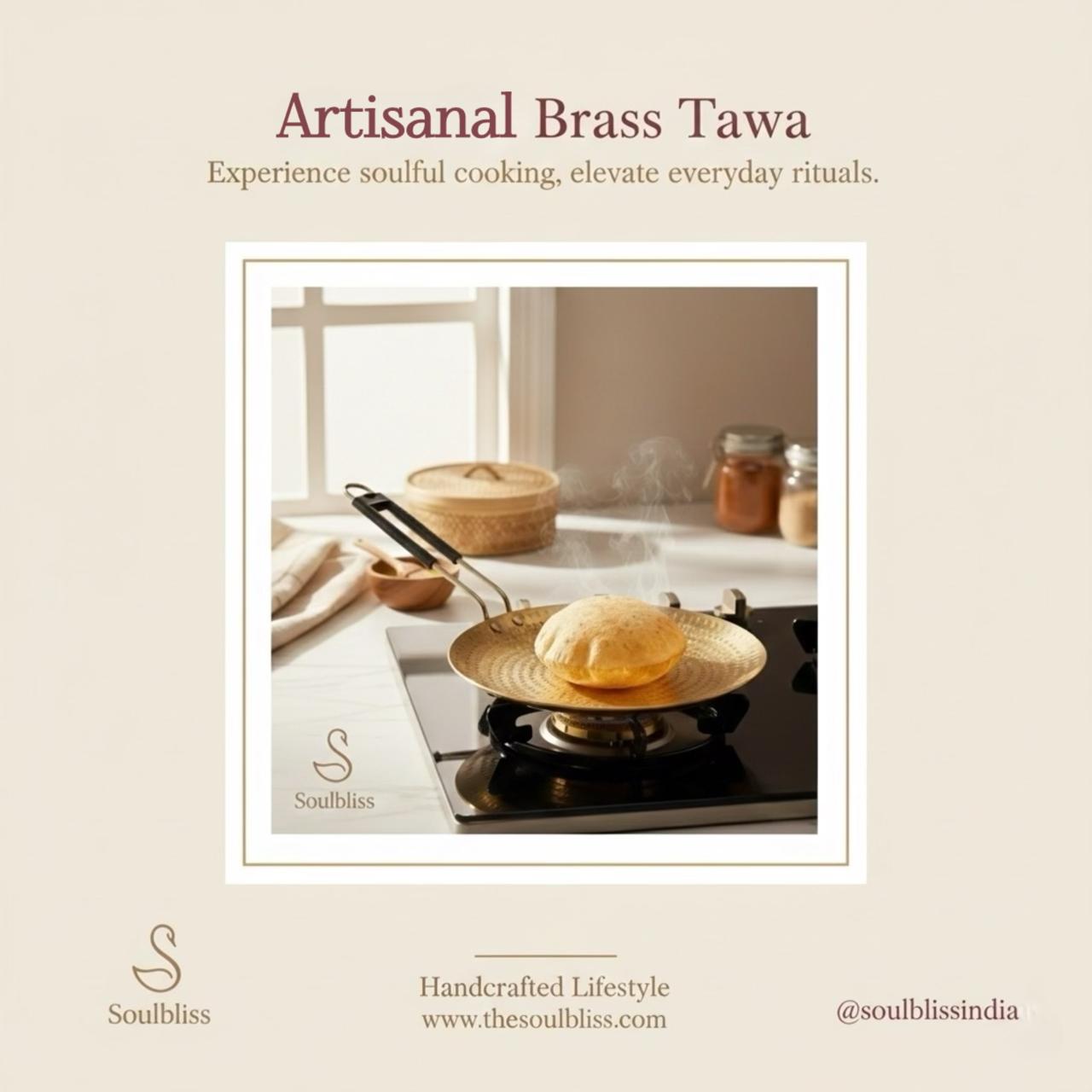 Artisanal brass tawa being used on a stove with a neutral background, featuring Soulbliss brand.