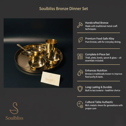Soulbliss Bronze Dinner Set with product display and feature list on a dark background