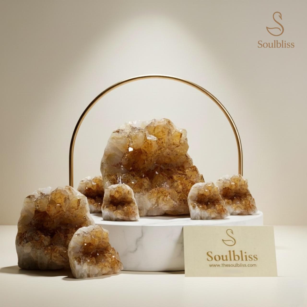 Geode crystal display with 'Soulbliss' branding on a neutral background