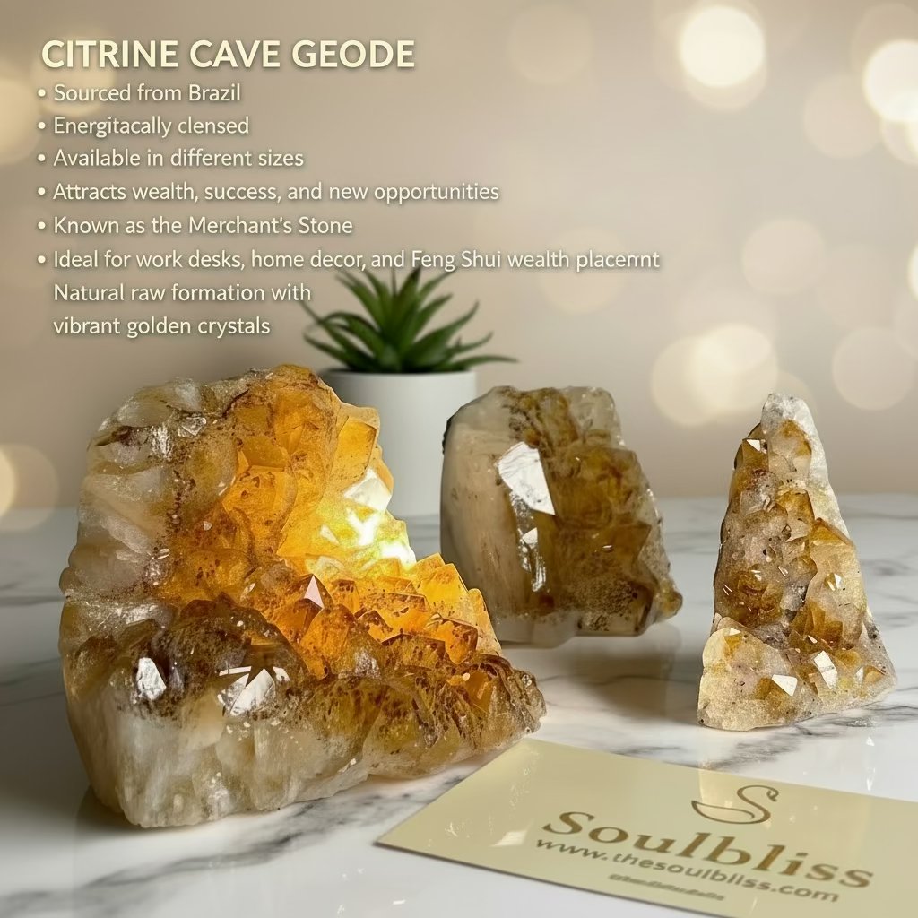 Citrine cave geode with glowing crystals on a marble surface, featuring Soulbliss branding.