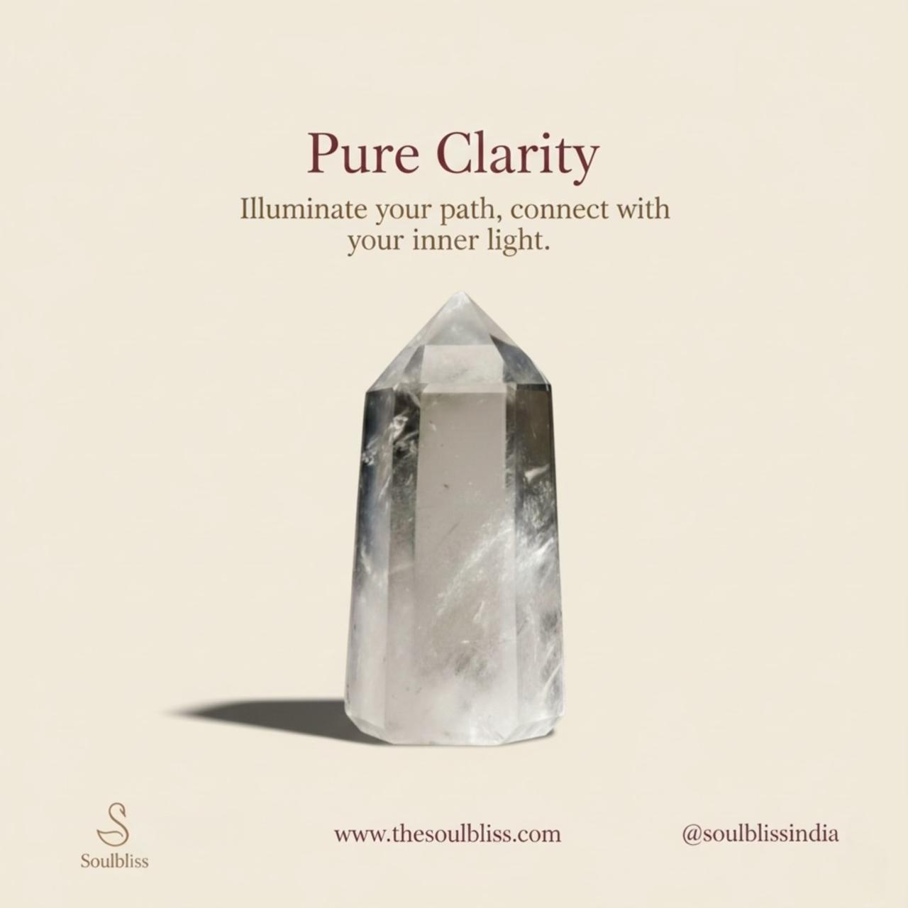 Crystal tower with 'Pure Clarity' text on a beige background