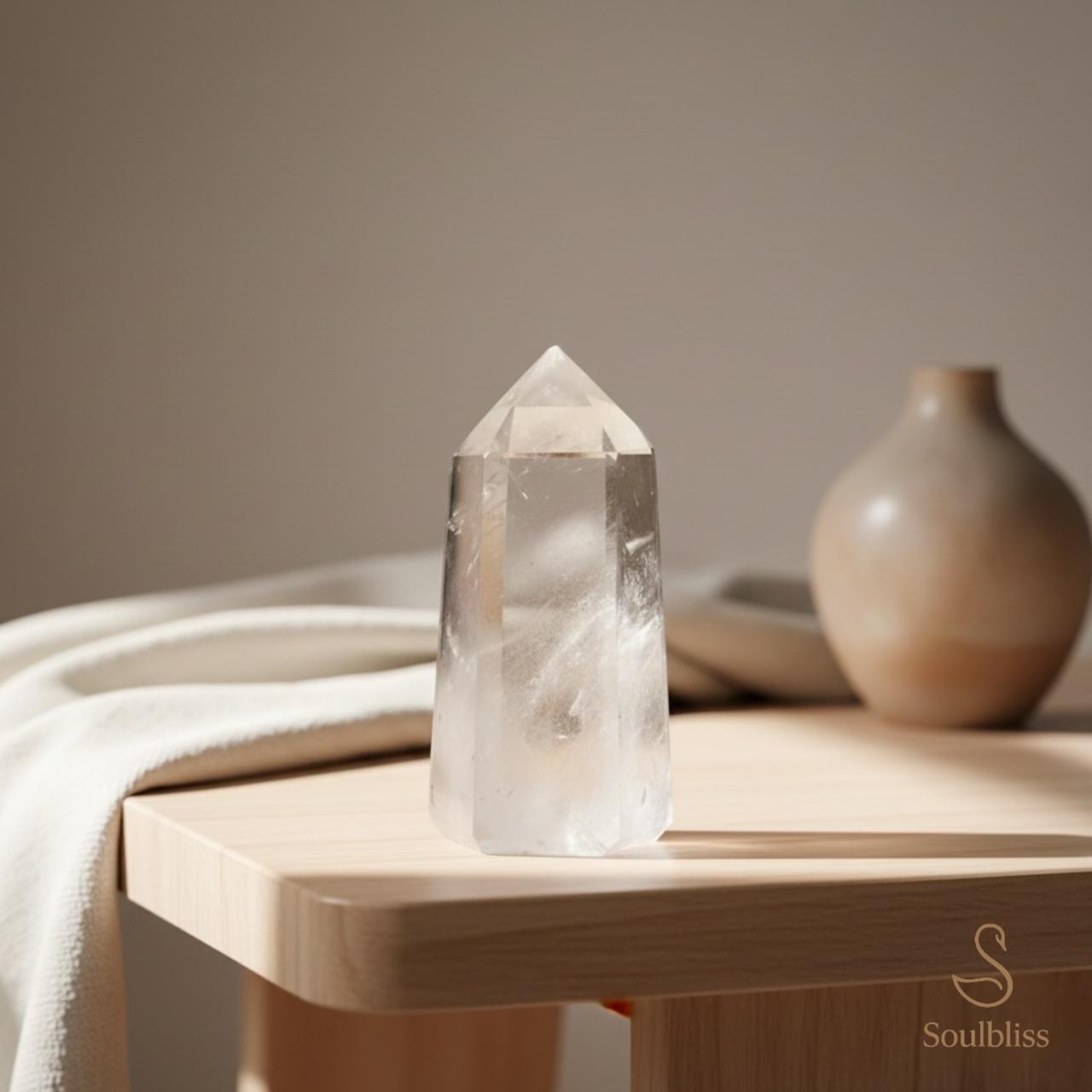 Crystal tower on a wooden surface with a neutral background