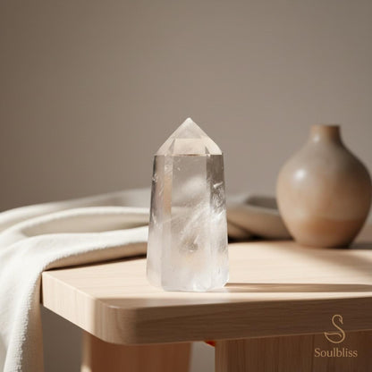 Crystal tower on a wooden surface with a neutral background
