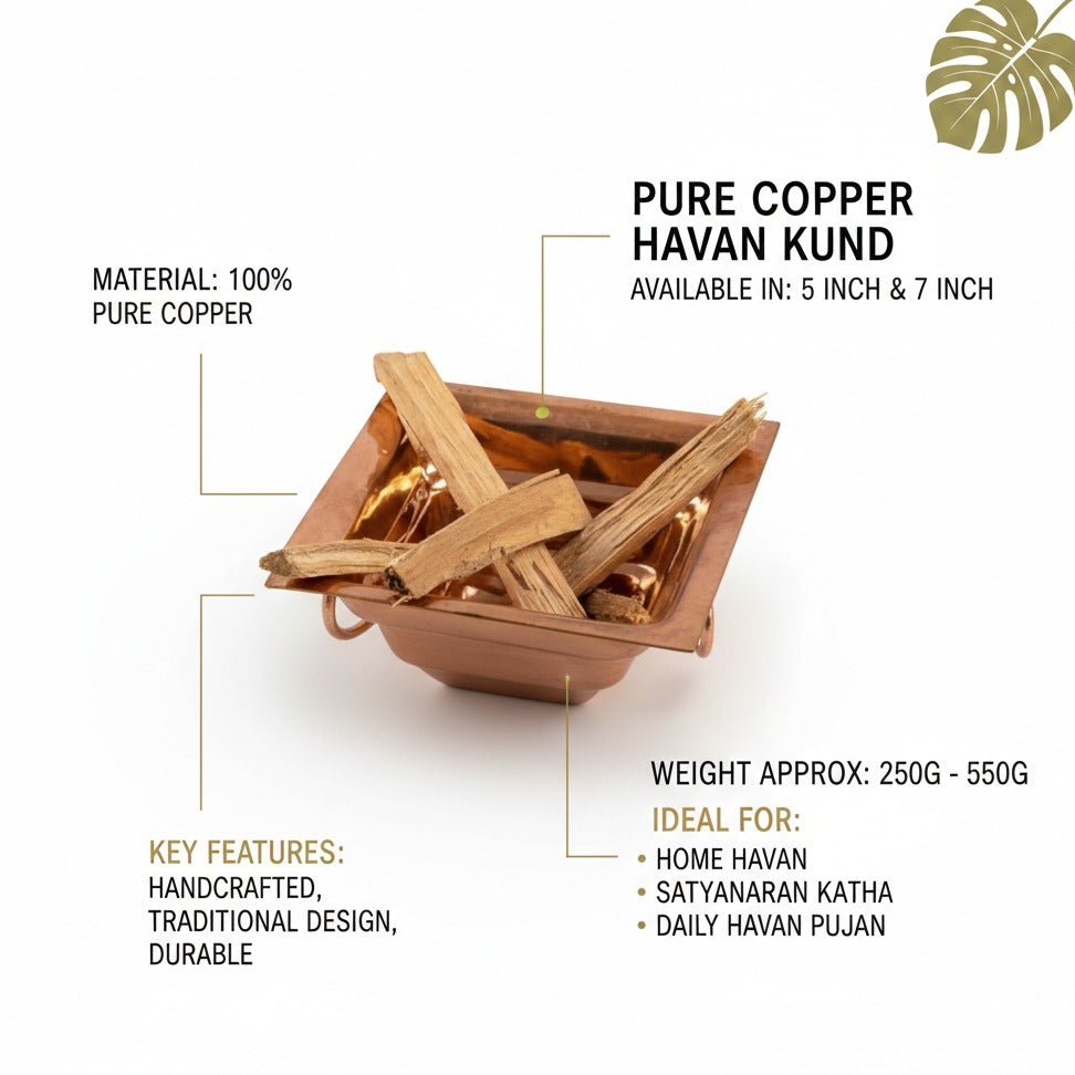 Pure copper havan kund with wooden sticks on a white background