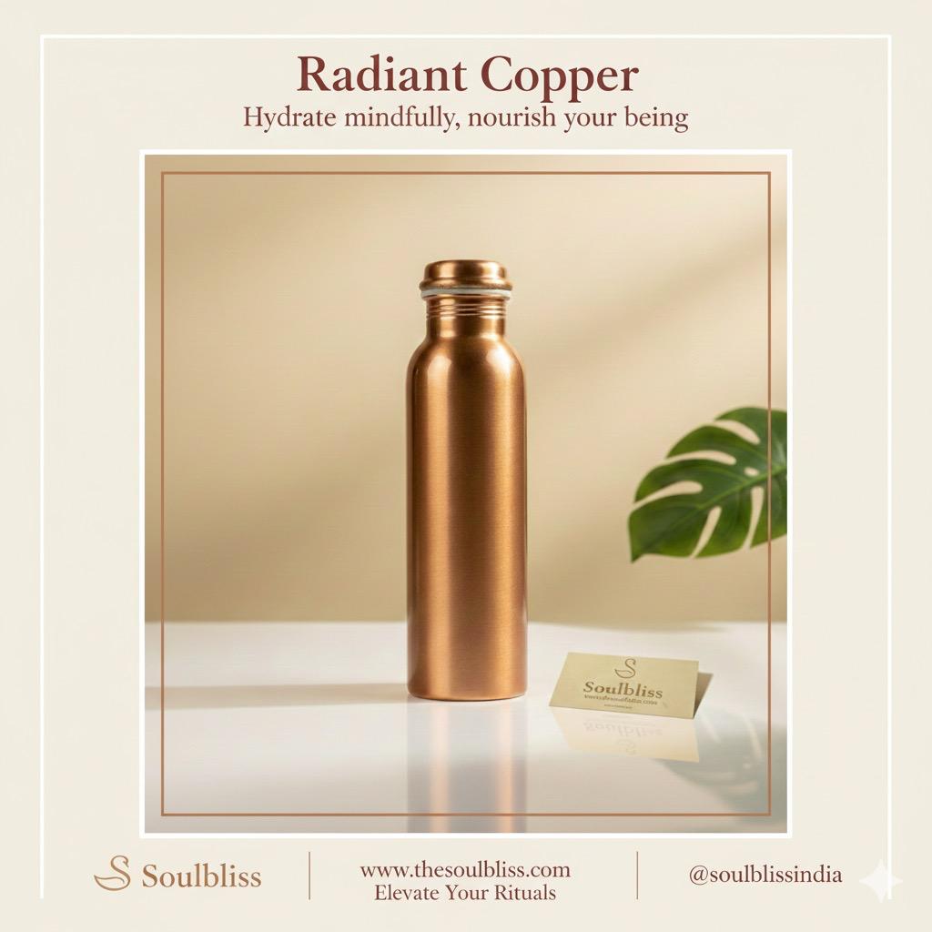 Radiant copper water bottle with a plant on a reflective surface, featuring Soulbliss branding.