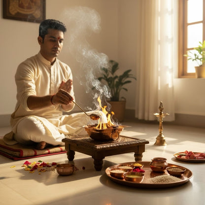 Man performing a traditional ritual with copper havan kund and offerings in a home setting