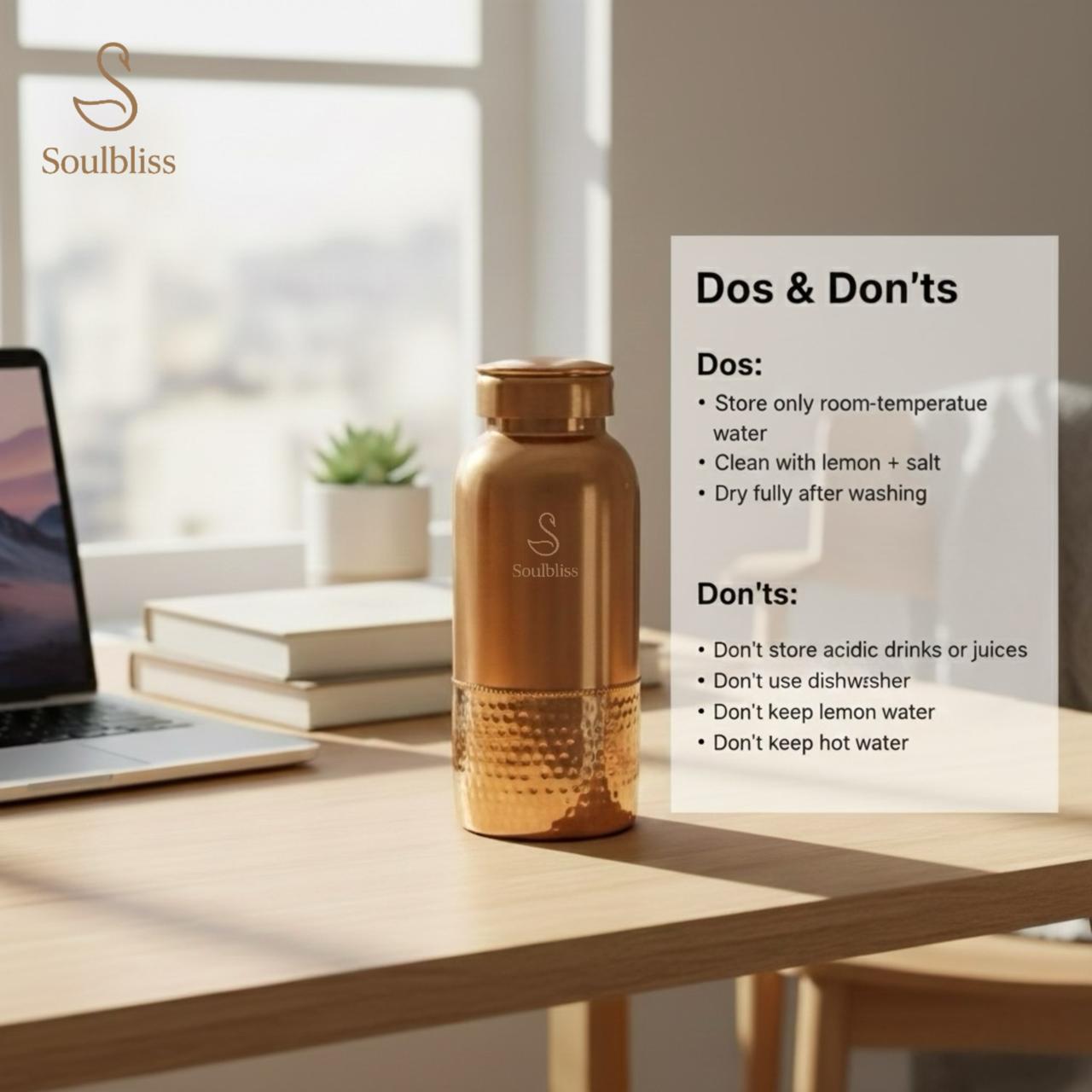 Gold water bottle on a desk with 'Soulbliss' branding and dos & don'ts information.