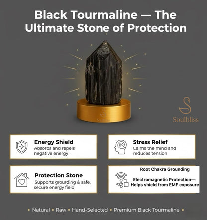 Black tourmaline crystal on a gold stand with Soulbliss branding, featuring its benefits on a dark gray background.