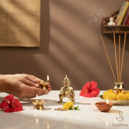 Person lighting a Diwali lamp with flowers and incense in the background