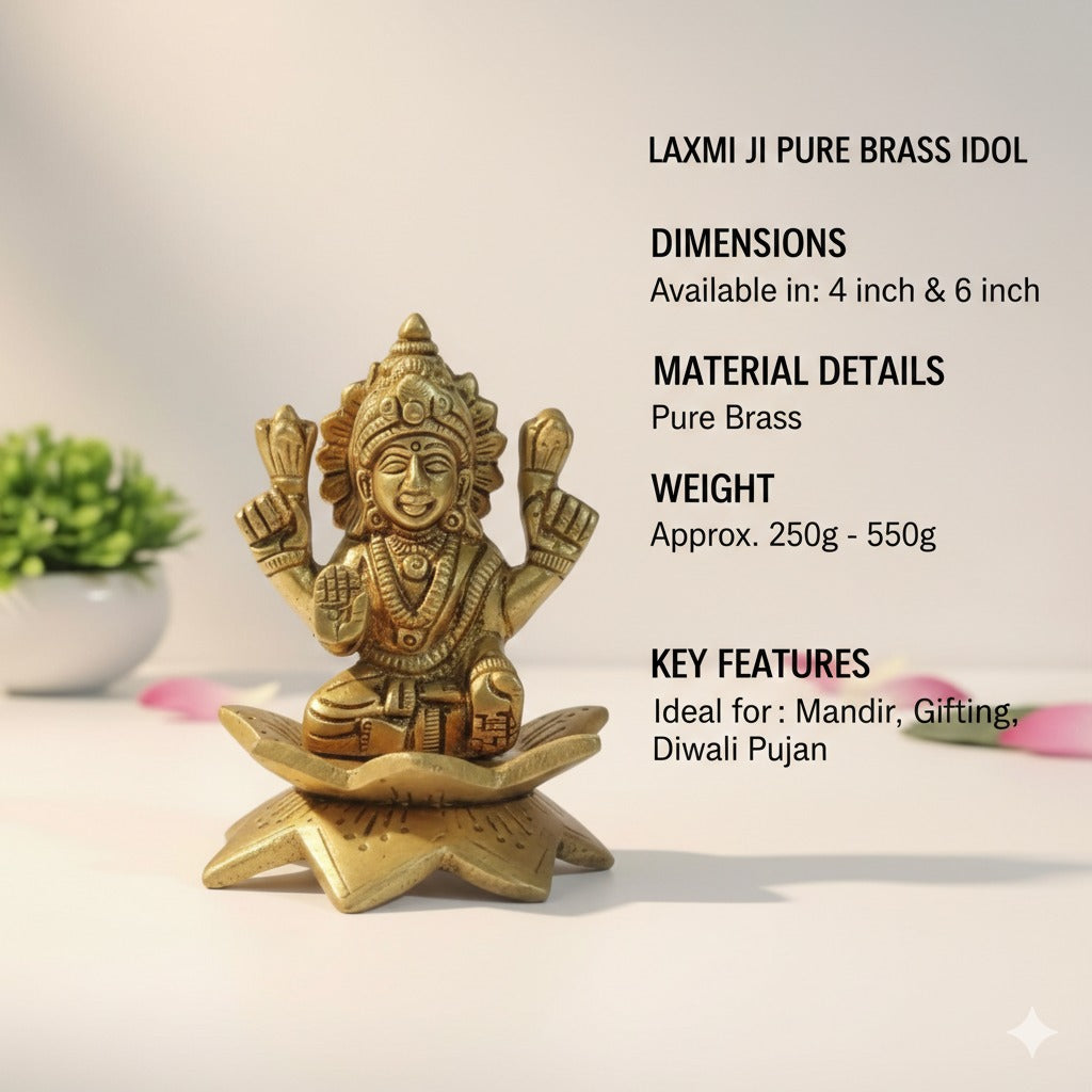 Brass statue of a laxmiji on a white surface with product details text.