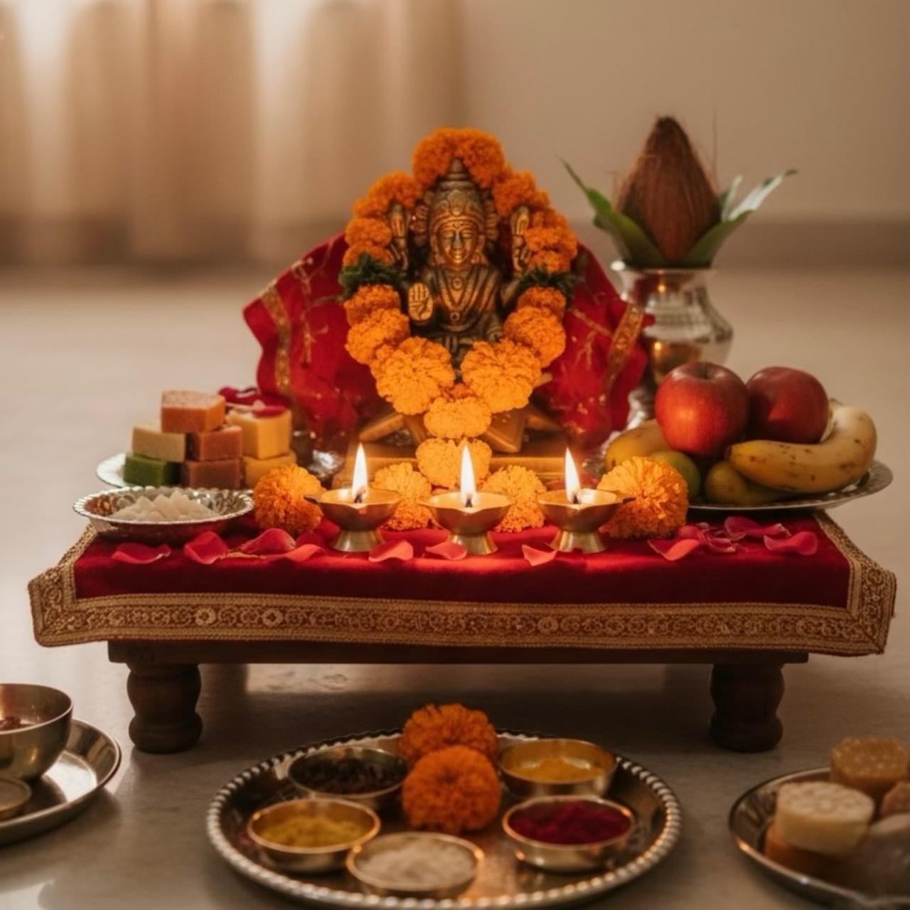 Decorative altar with laxmi idol flowers, and offerings on a table.