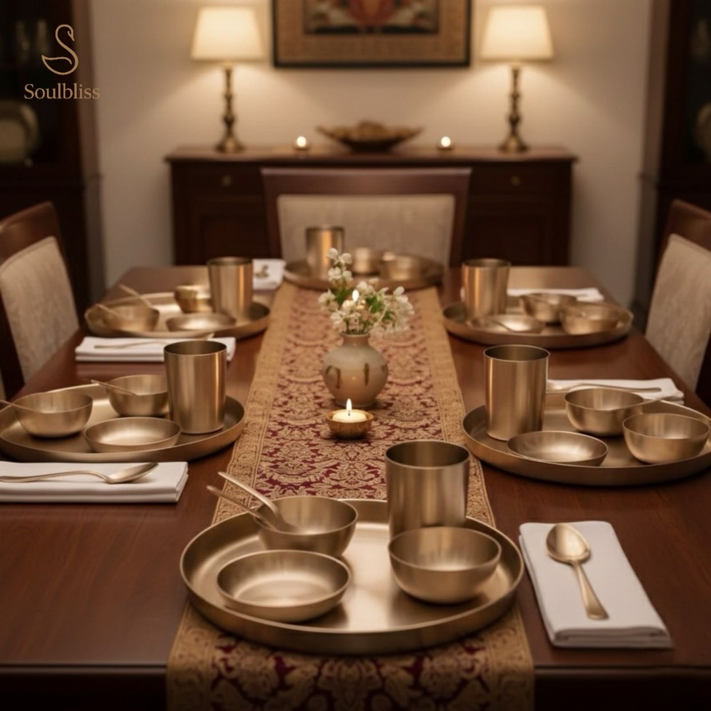 Dining table set with metallic dishes and a patterned runner, featuring the brand 'Soulbliss'.