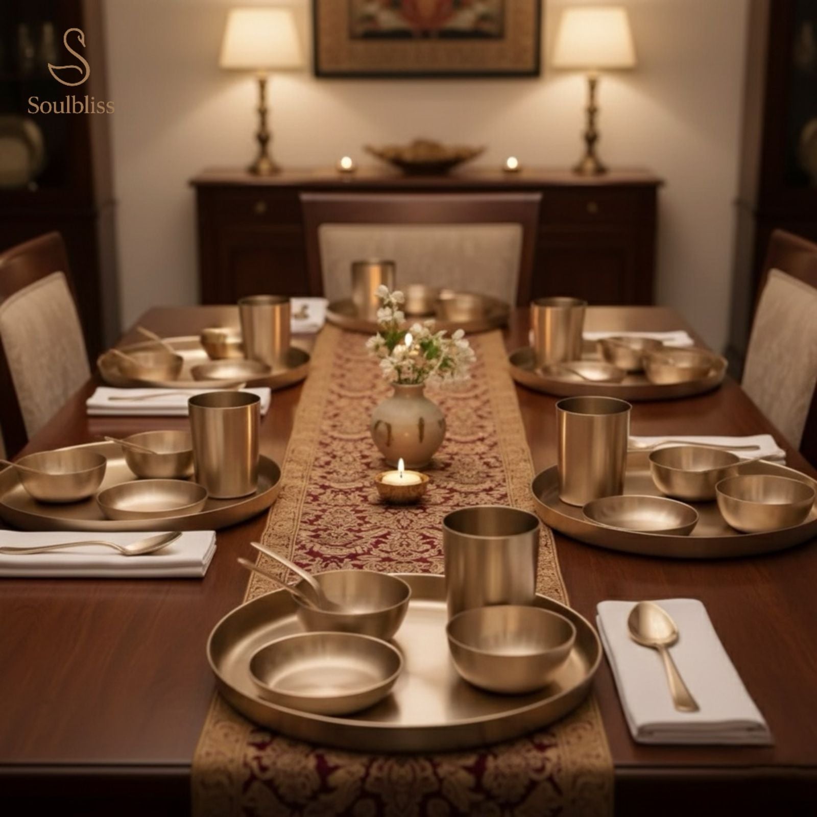 Dining table set with metallic dishes and a patterned runner, featuring the brand 'Soulbliss'.