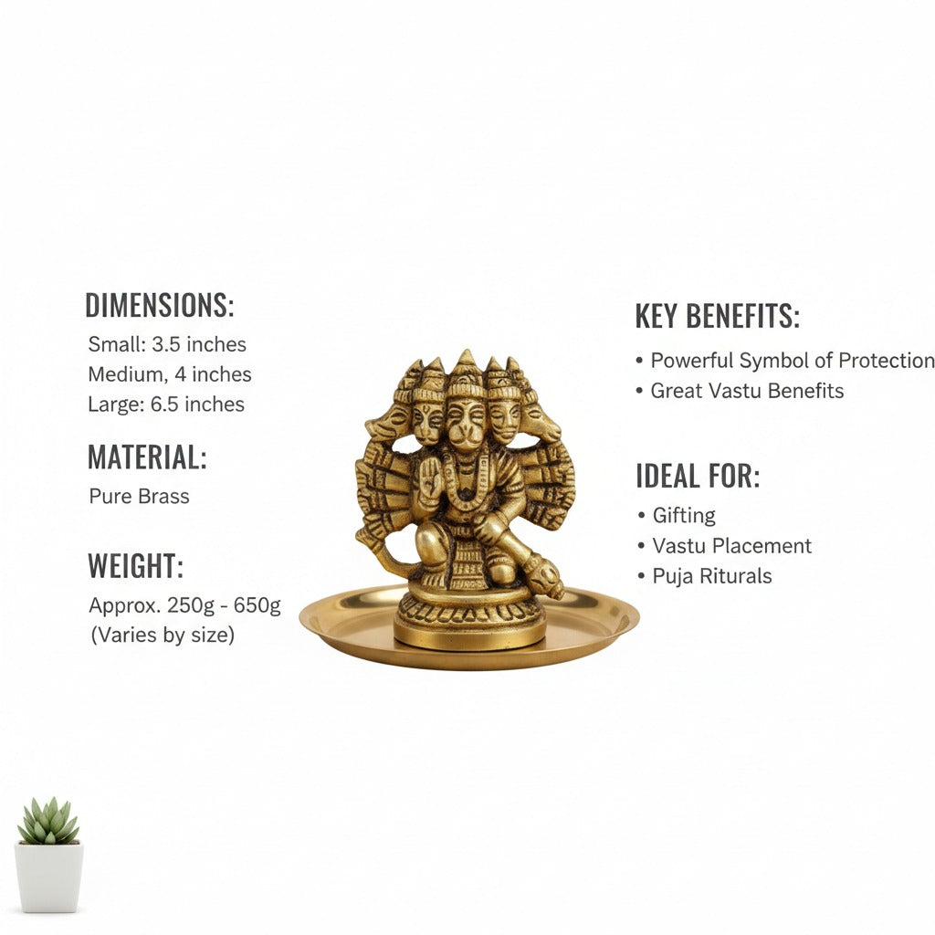 Brass statue with dimensions, material, weight, and benefits displayed on a white background