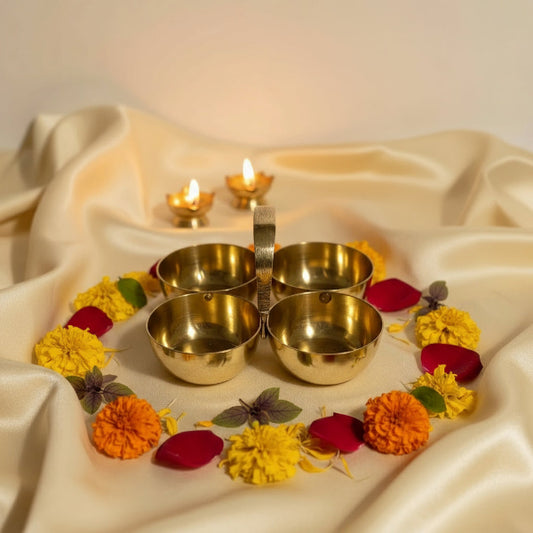 soulbliss pure brass chomukh katori with four attached bowls for puja